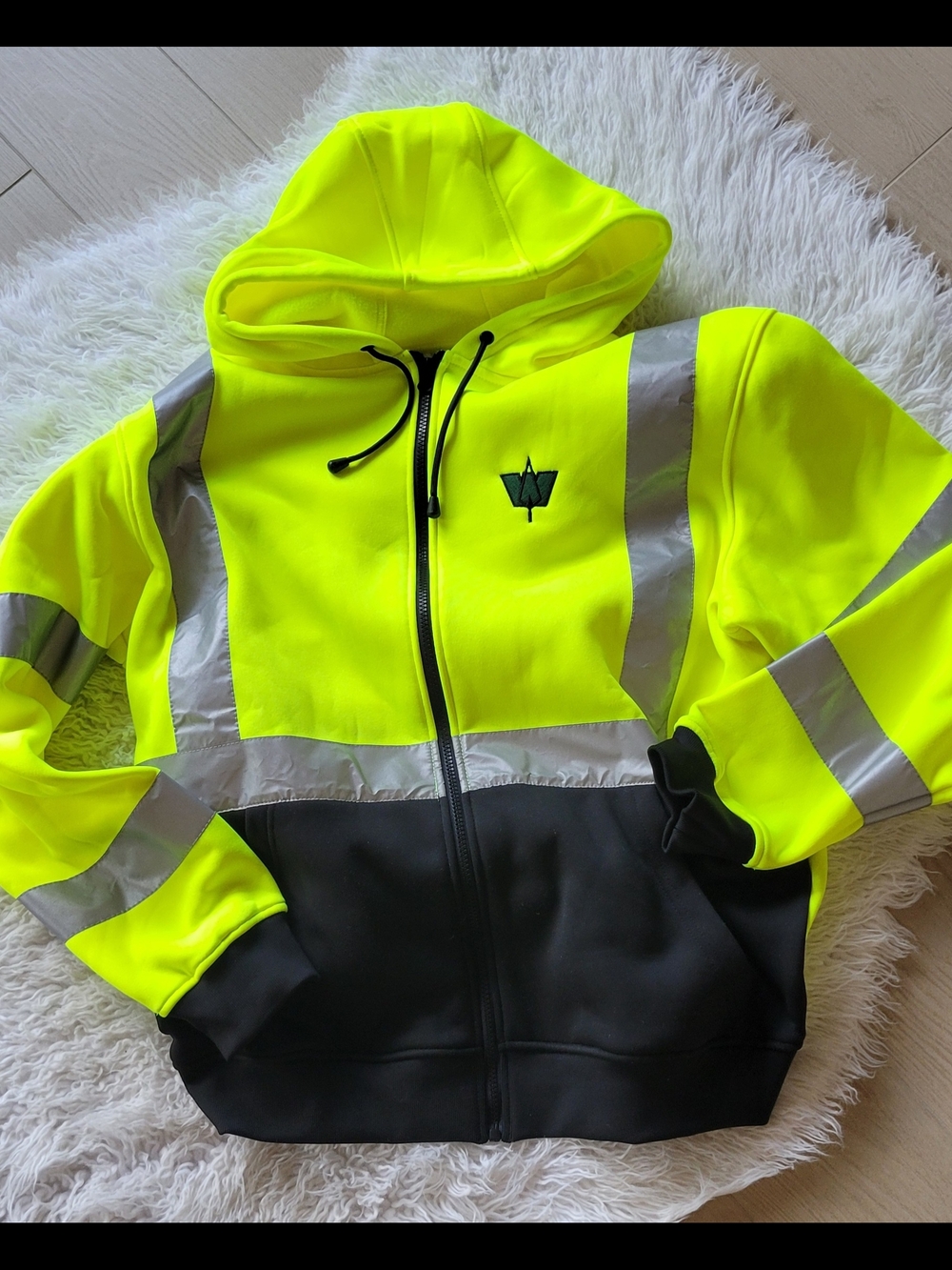 High-Visibility Yellow and Black Zip-Up Hooded Safety Sweater